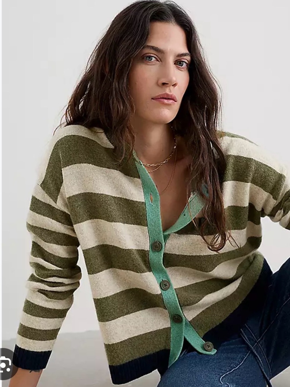 Seasalt Cornwell Striped Olive & Cream Button-Front Sweater Cardigan